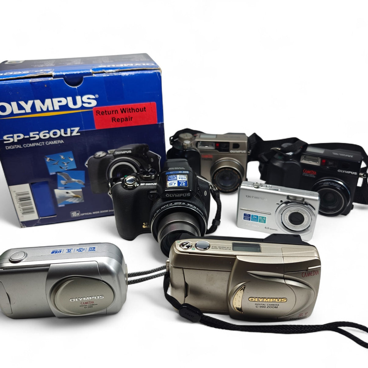 6x Olympus Digital Cameras Job Lot - C-2040 D-390 C-990 FE-190 C-3030 SP-560UZ - Native Sole Cameras