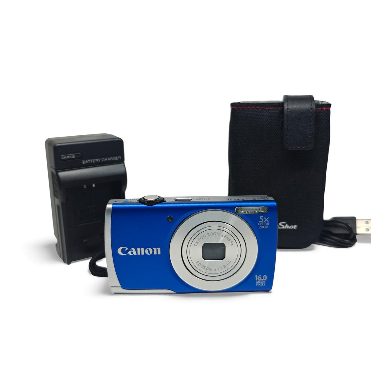 Canon PowerShot A2600 16MP Digital Camera Blue 5x Zoom, Charger, Case - Native Sole Cameras