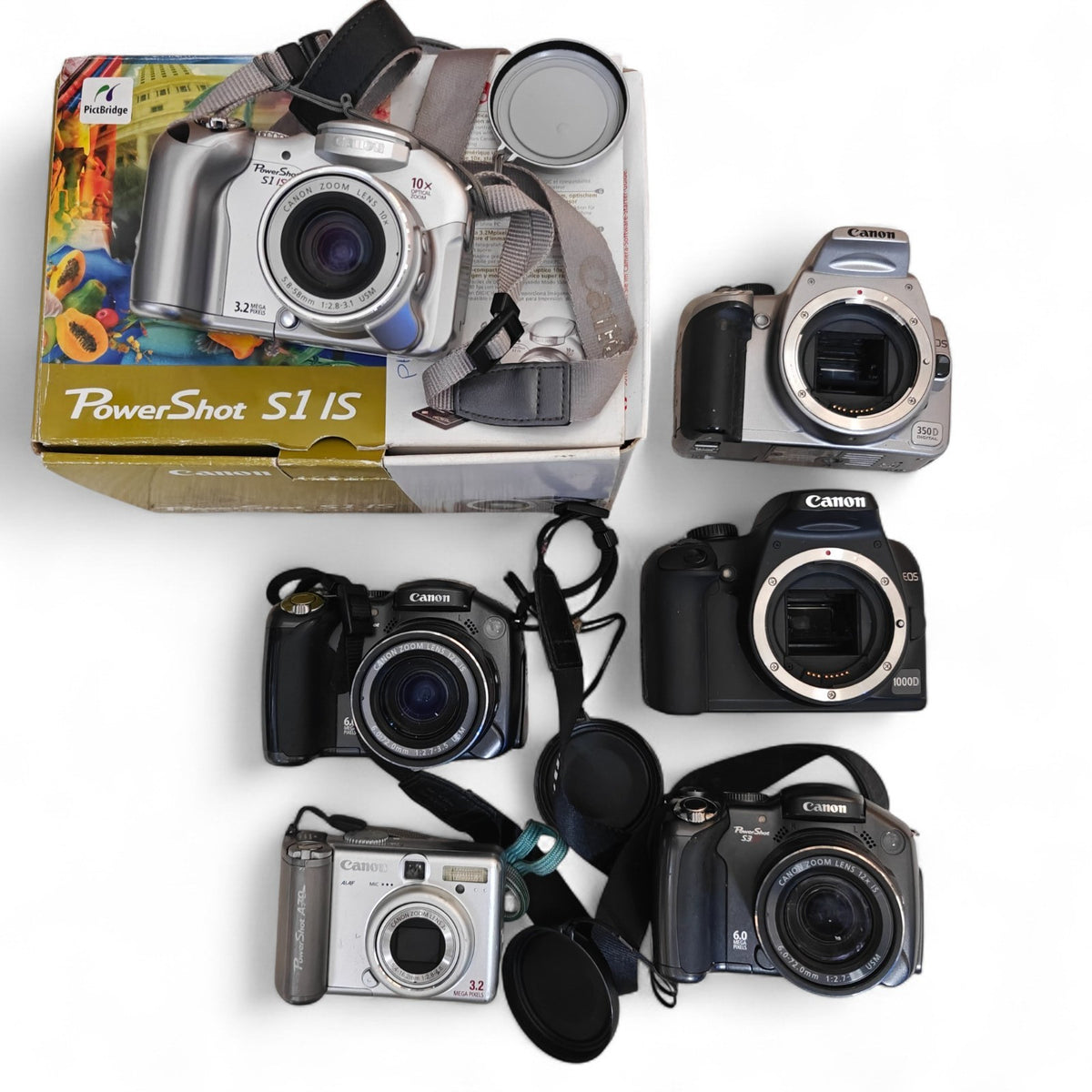 6x Canon Digital Cameras Job Lot PowerShot S1 IS A70 S3 IS S3 IS EOS 350D 1000D - Native Sole Cameras