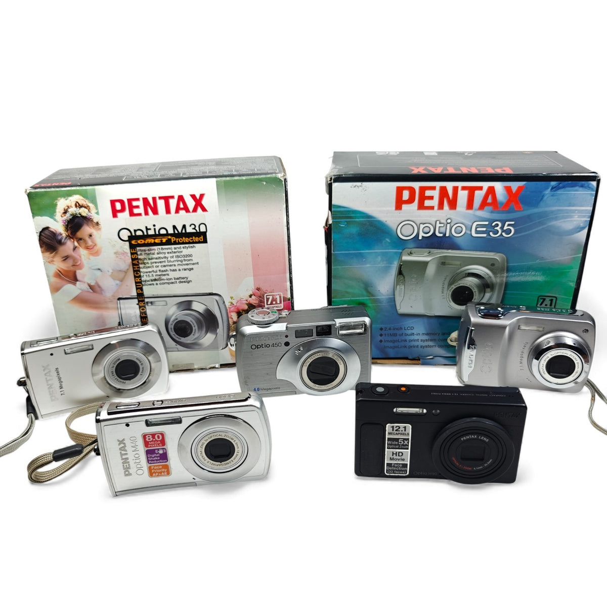 5x Pentax Digital Cameras Job Lot - Optio M30 E35 M40 450 H90 - Native Sole Cameras