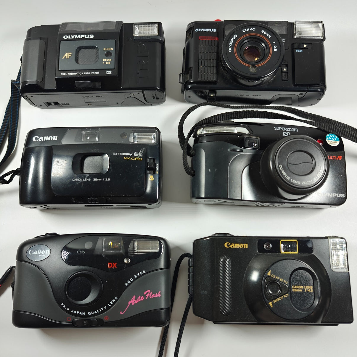 6x CANON + OLYMPUS 35mm Film Cameras Vintage Job Lot Superzoom 120 Snappy EL S - Native Sole Cameras