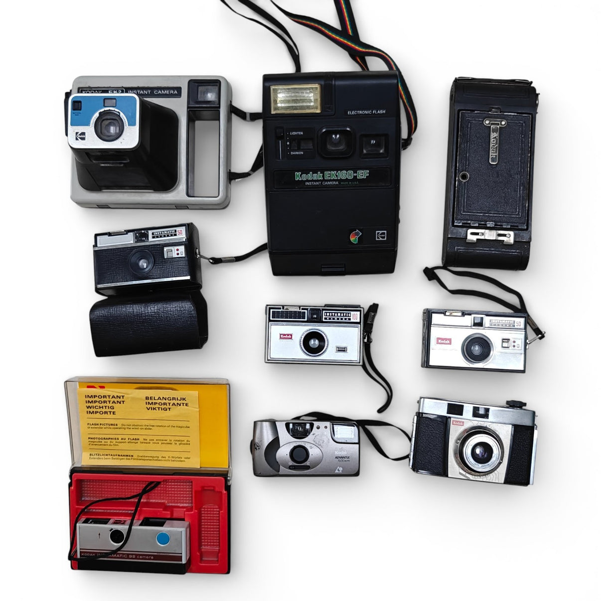 9x Kodak Film Cameras Vintage Job Lot - Instamatic 100 50 92, No 1A Pocket, EK2 - Native Sole Cameras