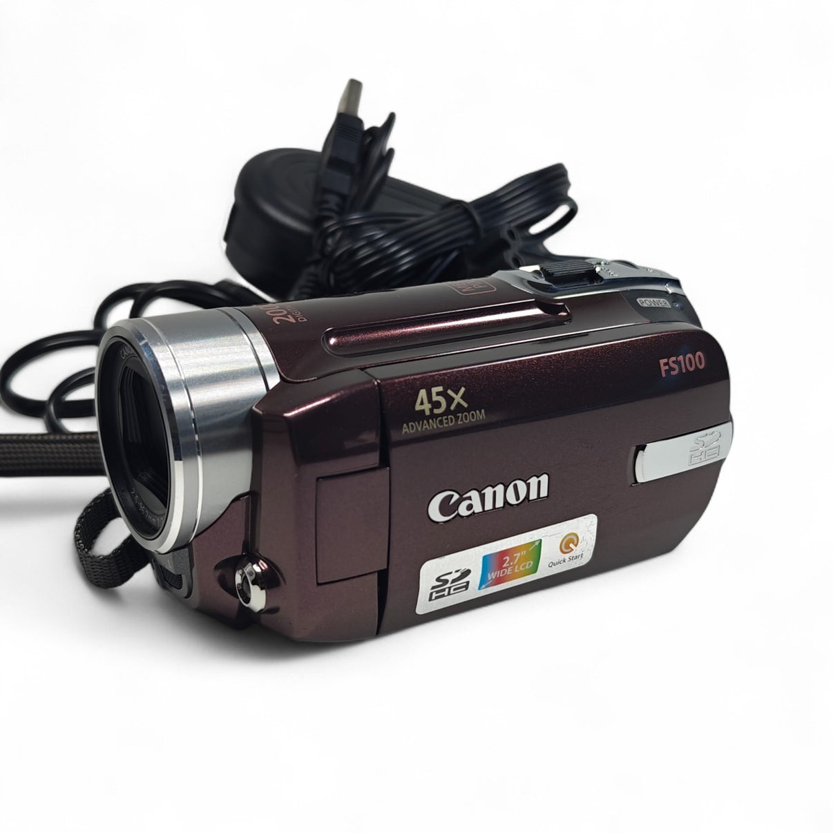 Canon FS100 Camcorder Purple 45x Zoom Compact Digital Video Camera, Charger, USB.