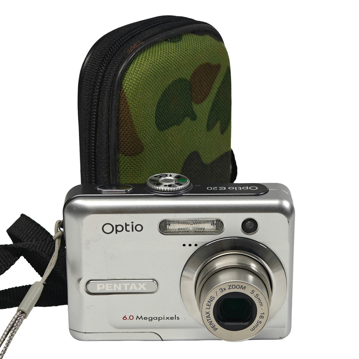 Pentax Optio E20 6.0MP Digital Camera Silver 3x Zoom Retro Digicam + Camo Case - Native Sole Cameras