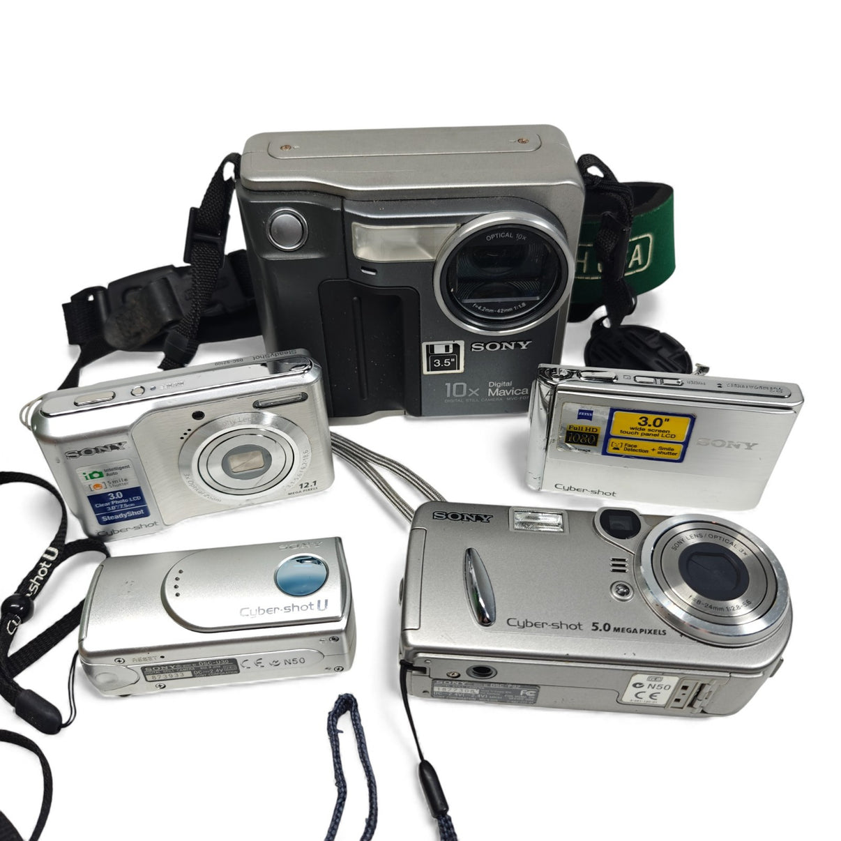 5x Sony Digital Cameras Job Lot - MVC-FD7 Cybershot DSC-S2100 P92 T70 U30 - Native Sole Cameras